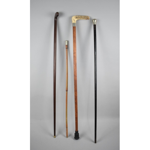 68 - A Collection of Four Various Walking Sticks to Include Sunday Golf Stick, Horn Handled, Swagger Stic... 