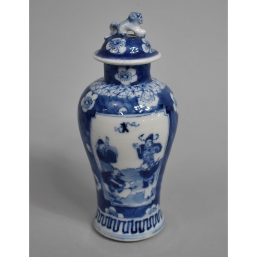 289 - A Small 19th Century Blue and White Baluster Vase and Cover decorated with Figural Cartouches with M... 