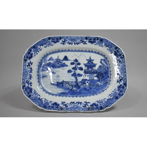 279 - An 18th Century Chinese Blue and White Rectangular Platter, Oriental River Village Scene, 31cms Wide