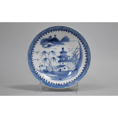 280 - A 19th Century Porcelain Dish, River Village Scene with Building, Trees and Boat, 15.5cms Diameter