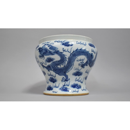 272 - A Chinese Porcelain Blue and White Cachepot of Waisted Top Heavy Form, Decorated with Dragons, 18cm ... 