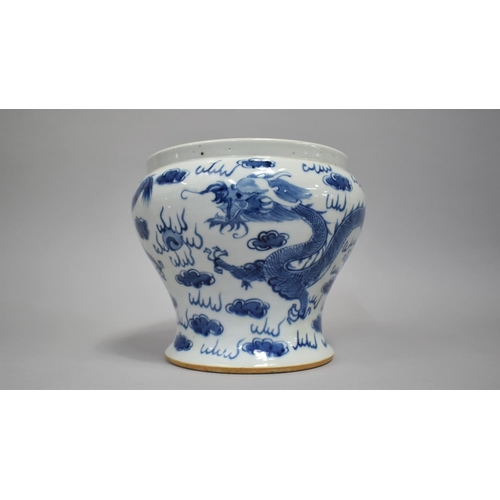 272 - A Chinese Porcelain Blue and White Cachepot of Waisted Top Heavy Form, Decorated with Dragons, 18cm ... 