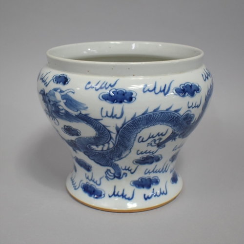 272 - A Chinese Porcelain Blue and White Cachepot of Waisted Top Heavy Form, Decorated with Dragons, 18cm ... 