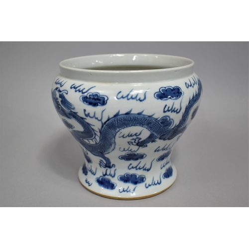 272 - A Chinese Porcelain Blue and White Cachepot of Waisted Top Heavy Form, Decorated with Dragons, 18cm ... 