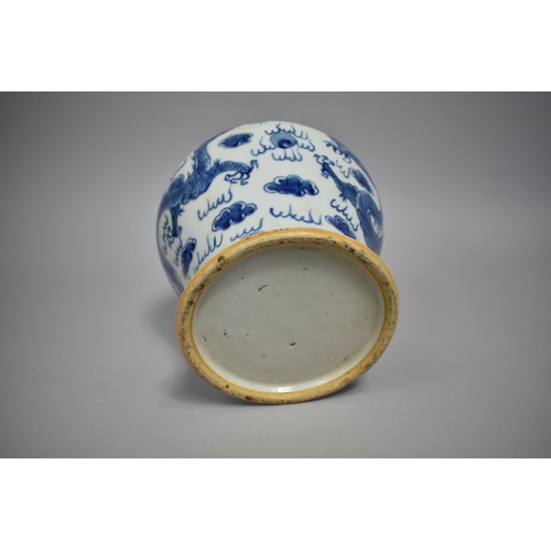 272 - A Chinese Porcelain Blue and White Cachepot of Waisted Top Heavy Form, Decorated with Dragons, 18cm ... 