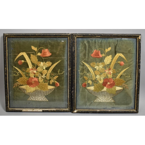 256 - A Pair of 19th Century Chinese Embroidered Silk Panels, Basket of Flowers, Glazed and Framed, Distre... 