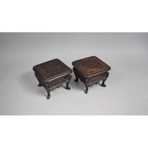 217 - A Pair Chinese Carved and Pierced Wooden Vase Stands, Raised on Scrolled Supports, 14x18cms Square T... 