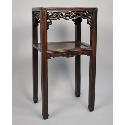 208 - A Chinese Hardwood Vase Stand with Shelf, The Square Top Panel Top above Pierced Frieze, Raised on S... 