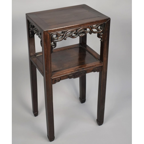 208 - A Chinese Hardwood Vase Stand with Shelf, The Square Top Panel Top above Pierced Frieze, Raised on S... 