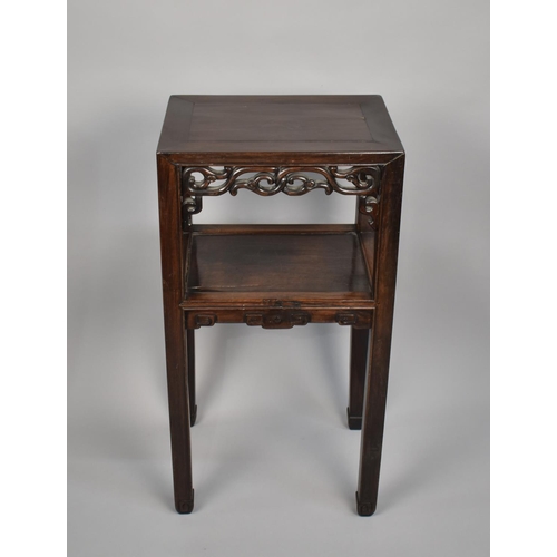 208 - A Chinese Hardwood Vase Stand with Shelf, The Square Top Panel Top above Pierced Frieze, Raised on S... 