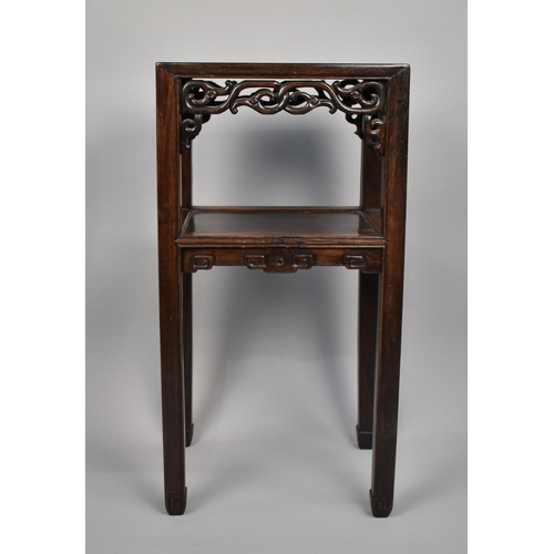 208 - A Chinese Hardwood Vase Stand with Shelf, The Square Top Panel Top above Pierced Frieze, Raised on S... 