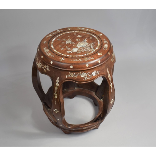 204 - A 19th Century Chinese Hardwood and Mother Pearl Inlaid Seat of Barrel form, 45cm high