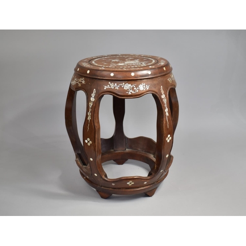 204 - A 19th Century Chinese Hardwood and Mother Pearl Inlaid Seat of Barrel form, 45cm high