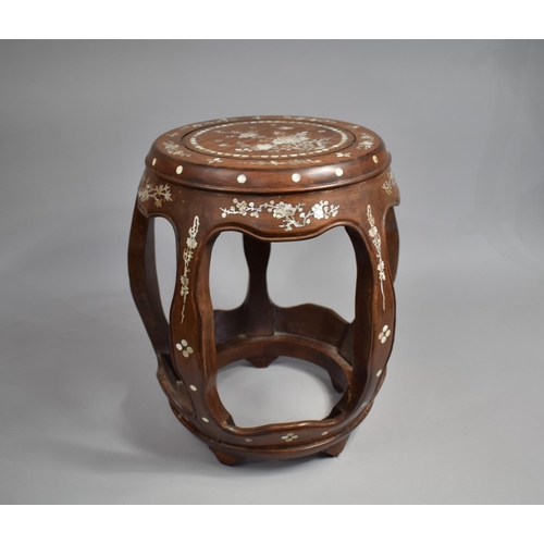 204 - A 19th Century Chinese Hardwood and Mother Pearl Inlaid Seat of Barrel form, 45cm high