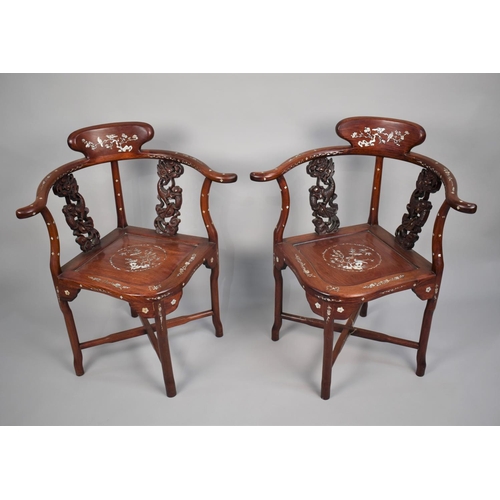 205 - A Pair of Chinese Hardwood and Inlaid Mother of Pearl Slat Back Corner Chairs, Raised on Turned Supp... 