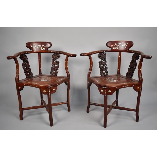 205 - A Pair of Chinese Hardwood and Inlaid Mother of Pearl Slat Back Corner Chairs, Raised on Turned Supp... 