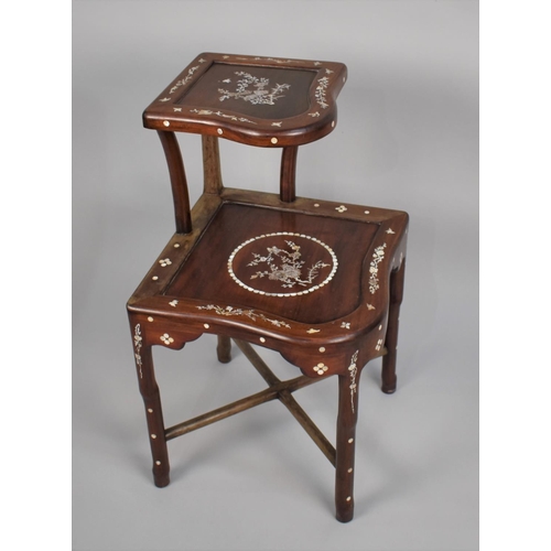 206 - A Chinese Hardwood Mother of Pearl Inlaid Two Tier Corner Table/Stand with X Frame Stretcher