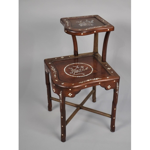 206 - A Chinese Hardwood Mother of Pearl Inlaid Two Tier Corner Table/Stand with X Frame Stretcher