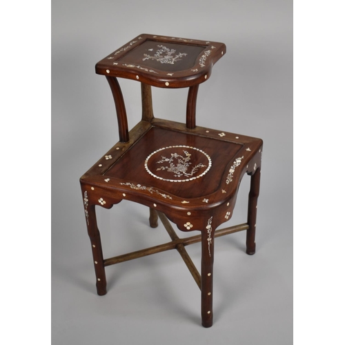 206 - A Chinese Hardwood Mother of Pearl Inlaid Two Tier Corner Table/Stand with X Frame Stretcher