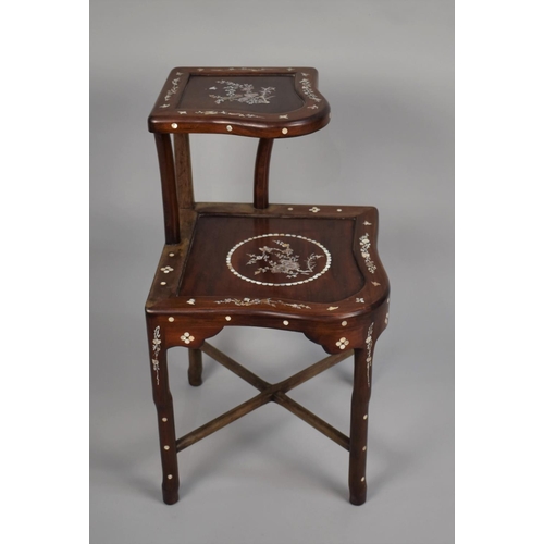 206 - A Chinese Hardwood Mother of Pearl Inlaid Two Tier Corner Table/Stand with X Frame Stretcher