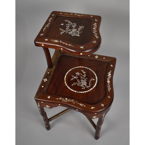 206 - A Chinese Hardwood Mother of Pearl Inlaid Two Tier Corner Table/Stand with X Frame Stretcher