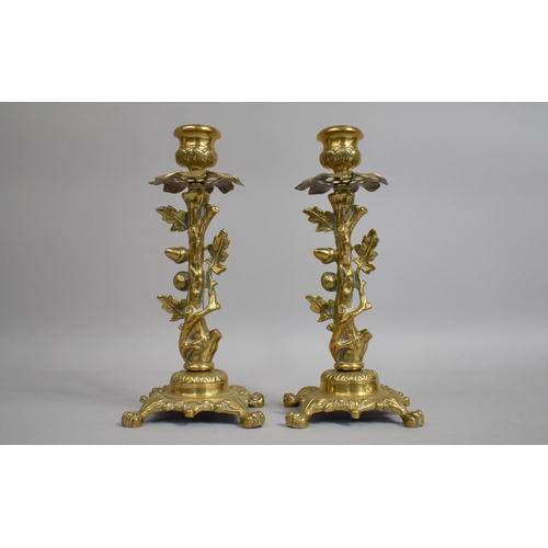 117 - A Pair of Late 19th Century Cast Brass Candlesticks in the form of Oak Trees, the Supports of Trunk ... 