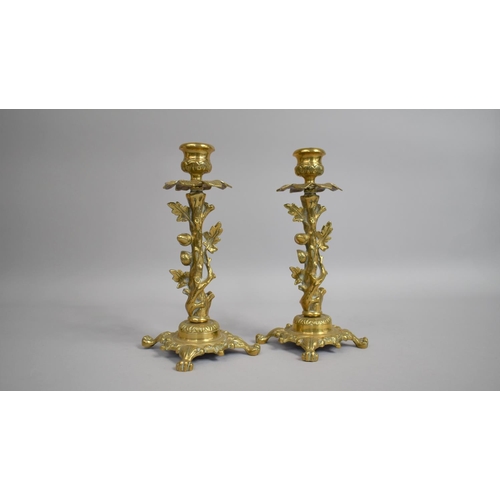 117 - A Pair of Late 19th Century Cast Brass Candlesticks in the form of Oak Trees, the Supports of Trunk ... 