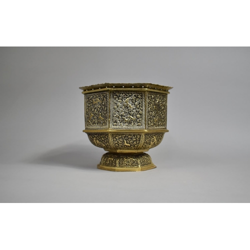 116 - A 19th Century Anglo Indian Ornate Brass Pedestal Bowl of Hexagonal form Decorated with Foliate Pane... 