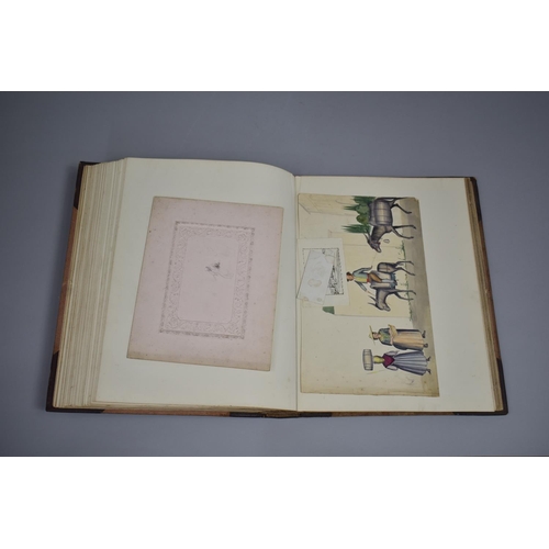 82 - A Leather Bound Album Containing Various Watercolours, Sketches, Clippings, Etchings etc, Paintings ... 