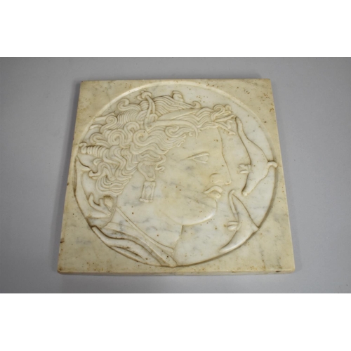 29 - An Art Deco Continental Carved Marble Plaque, Side Portraits of Greek Goddess Salacia, 28cms Square