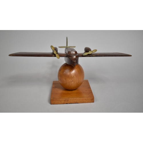 15 - A Mid 20th Century Desk Top Wooden Model of a Aeroplane with Brass Propellers and Tail, Mounted on G... 