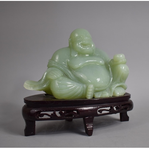 229 - A Large Carved Jade Study of Seated Buddha on Carved Wooden Stand, Buddha 15cms High and 21cms Side ... 