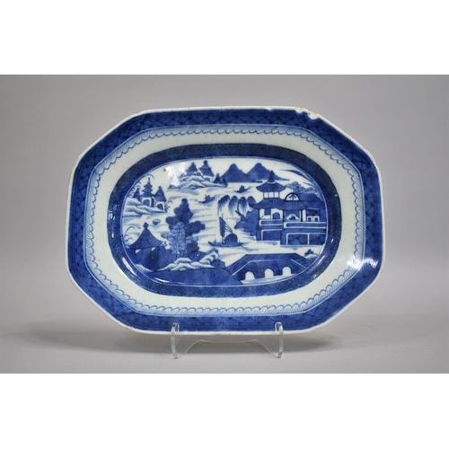 274 - A 19th Century Chinese Export Blue and White Rectangular Platter, River Village Scene (Chip to Rim),... 