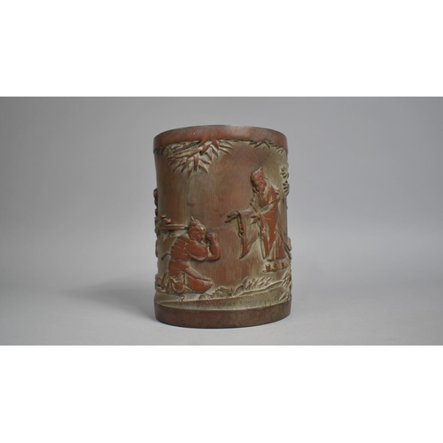 228 - A Chinese Bamboo Brush Pot Decorated in Carved relief with Chinese God and Kneeling Figure with Blos... 