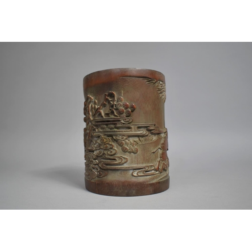 228 - A Chinese Bamboo Brush Pot Decorated in Carved relief with Chinese God and Kneeling Figure with Blos... 