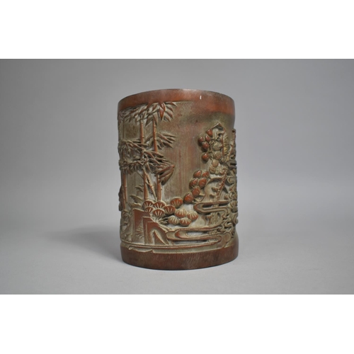 228 - A Chinese Bamboo Brush Pot Decorated in Carved relief with Chinese God and Kneeling Figure with Blos... 