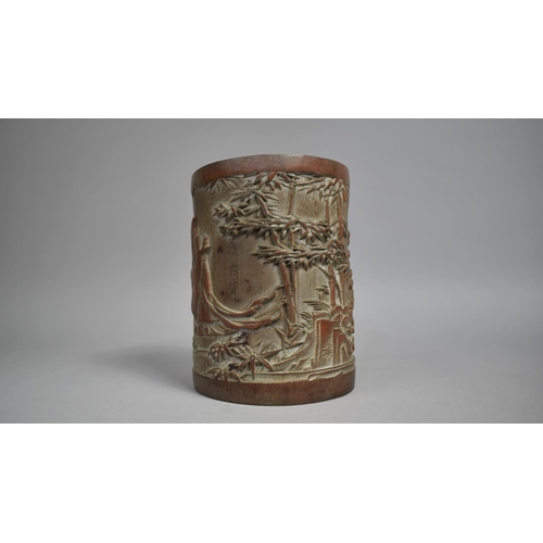 228 - A Chinese Bamboo Brush Pot Decorated in Carved relief with Chinese God and Kneeling Figure with Blos... 