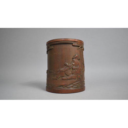 227 - A Chinese Bamboo Brush Pot decorated in Carved Relief with Figure Seated at Water Side with Lilies E... 