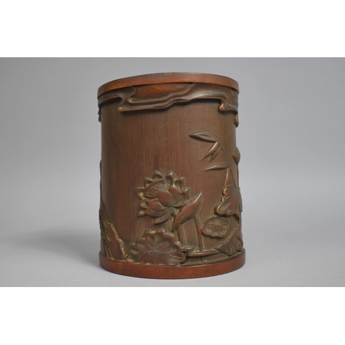 227 - A Chinese Bamboo Brush Pot decorated in Carved Relief with Figure Seated at Water Side with Lilies E... 