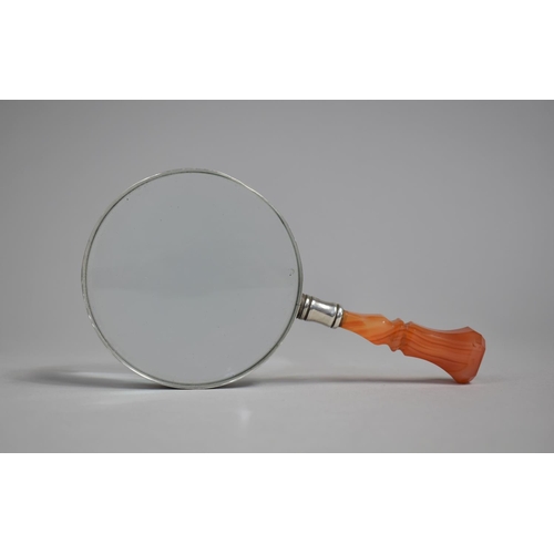 88 - A Silver Mounted and Carnelian Agate Handled Magnifying Glass, Hallmarked London 1979 TP, 15cms Long