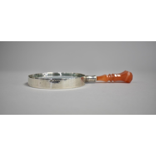 88 - A Silver Mounted and Carnelian Agate Handled Magnifying Glass, Hallmarked London 1979 TP, 15cms Long