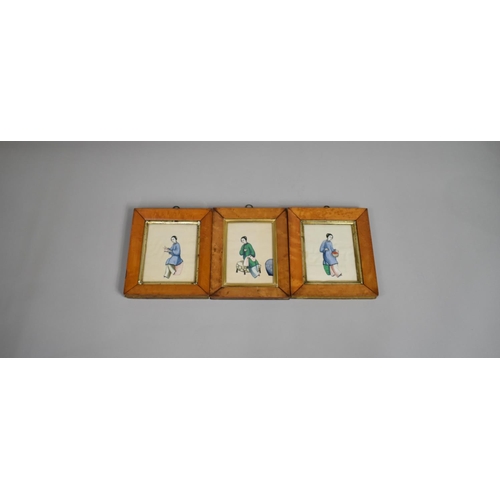 250 - A Set of Three Maple Framed Chinese Pith Paper Paintings, Seated Maidens, Frames 19cm x 21cm high