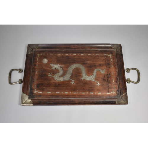 248 - A Chinese Silver and Hardwood Tray, Having Inlaid Dragon and Flaming Pearl Decoration, The One Handl... 