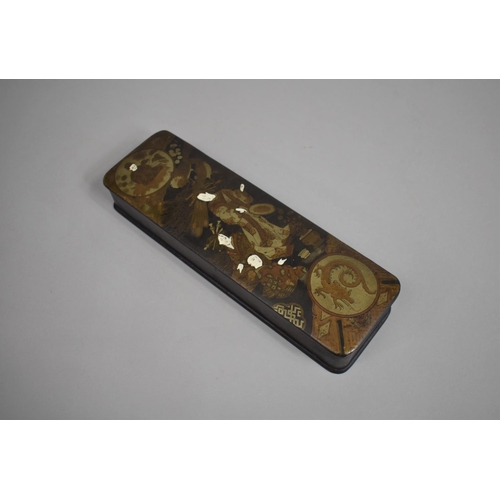 224 - A Late 19th Century Papier Mache Glove Box Decorated with Oriental Robed Figures, Precious Objects, ... 