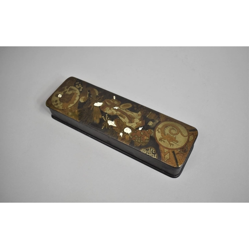 224 - A Late 19th Century Papier Mache Glove Box Decorated with Oriental Robed Figures, Precious Objects, ... 