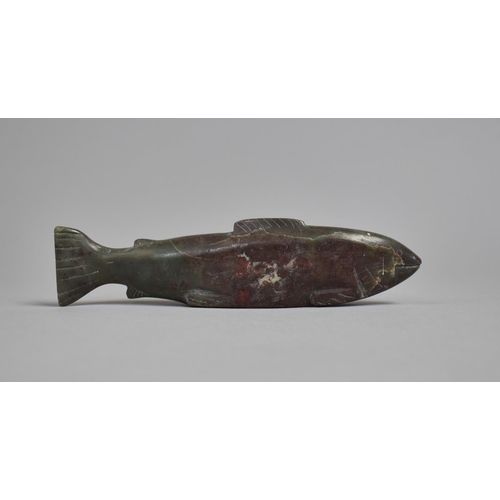 69 - An Inuit Carved Hardstone Study of a Salmon, the Carved Stone of Green Colouration with Red Flecked ... 