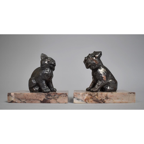 53 - A Pair of Art Deco Spelter Bookends, Cat and Dog Set on Rectangular Plinth Bases, 12cm high