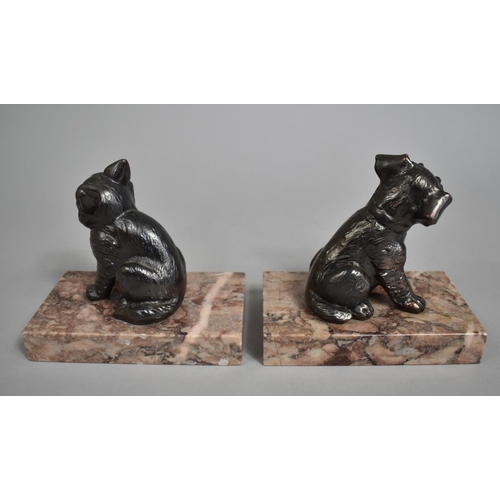 53 - A Pair of Art Deco Spelter Bookends, Cat and Dog Set on Rectangular Plinth Bases, 12cm high