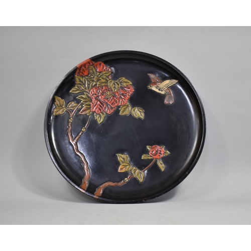 79 - An Early 20th Century Japanese Carved Lacquer Tray with Original Polychrome Decoration, 45cms Diamet... 