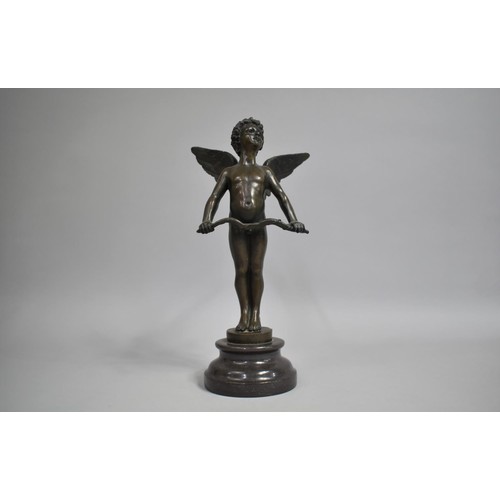 37 - After Auguste Moreau, Bronze Figure of Winged Cupid with Bow, Signed and with Circular Disc Plaque, ... 